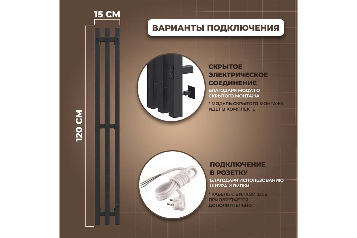 Электрический полотенцесушитель Маргроид Хелми Inaro 3 секции профильный,  120x15, таймер, скрытый монтаж, правое подкл, черный матовый 4690569234976  ...