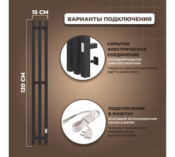 Электрический полотенцесушитель Маргроид Хелми Inaro 3 секции профильный, 120x15, таймер, скрытый монтаж, правое подкл, черный матовый 4690569234976 ЦБ-00266256