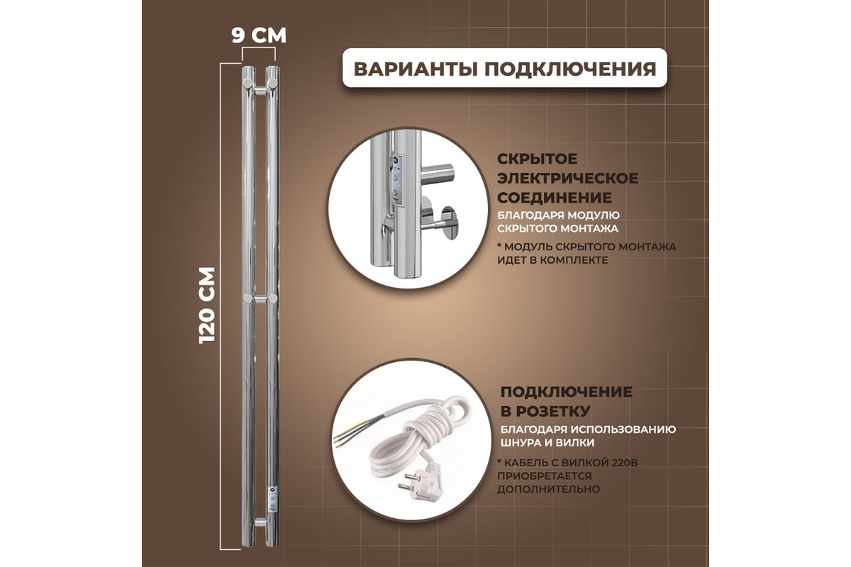 Электрический полотенцесушитель Маргроид Лина Inaro 2 секции, 120x9,  таймер, скрытый монтаж, правое подключение, хром 4690569247501 ЦБ-00266235