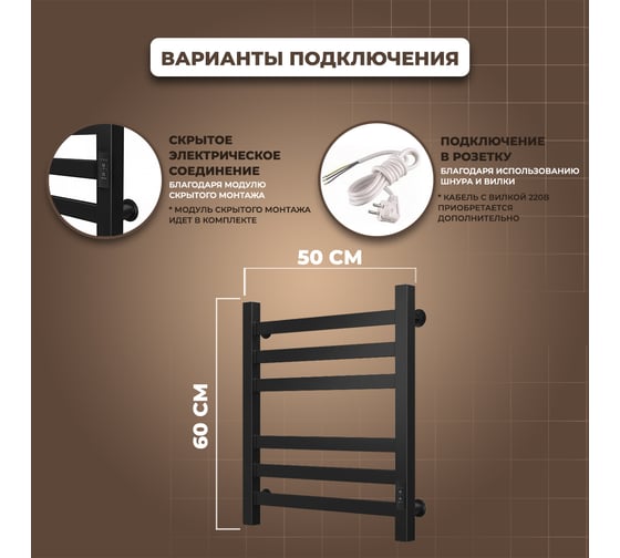 Электрический полотенцесушитель Маргроид Хелми П(3+3) 50x60 с таймером, черный мат 4690569274415 ЦБ-00266926