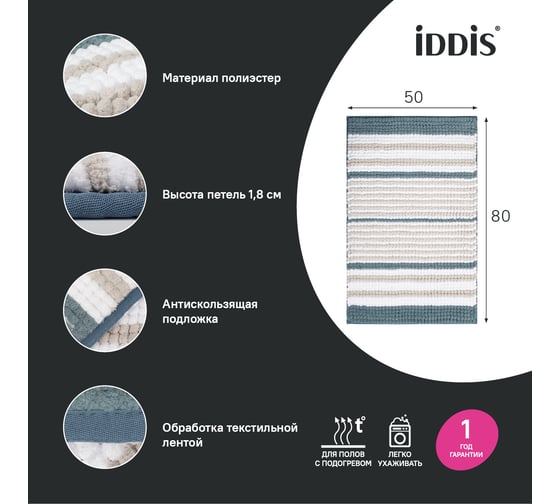 Коврик для ванной комнаты IDDIS 50x80, шенилл, сине-зеленый, BC03P58i12