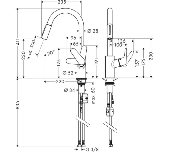 Смеситель для кухни, вытяжной излив HANSGROHE 31815800 Focus под сталь 00000031164
