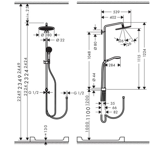 Душевая система HANSGROHE 26793000 Croma Select 280 1jet Reno Showerpipe 00000053362