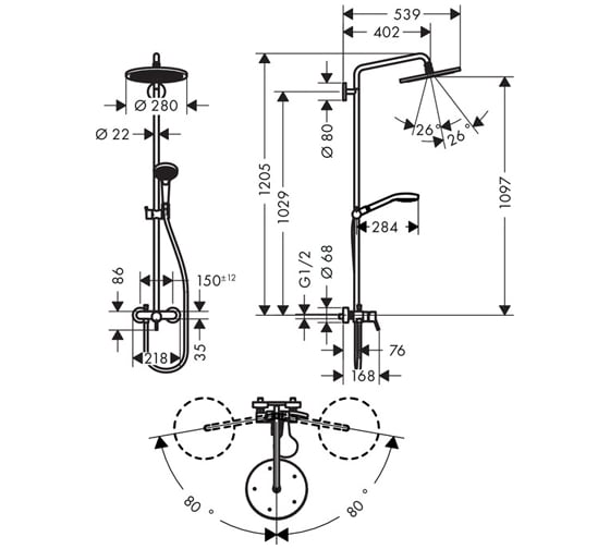 Душевая система HANSGROHE 26791000 Croma Select 280 1jet Showerpipe 00000053953