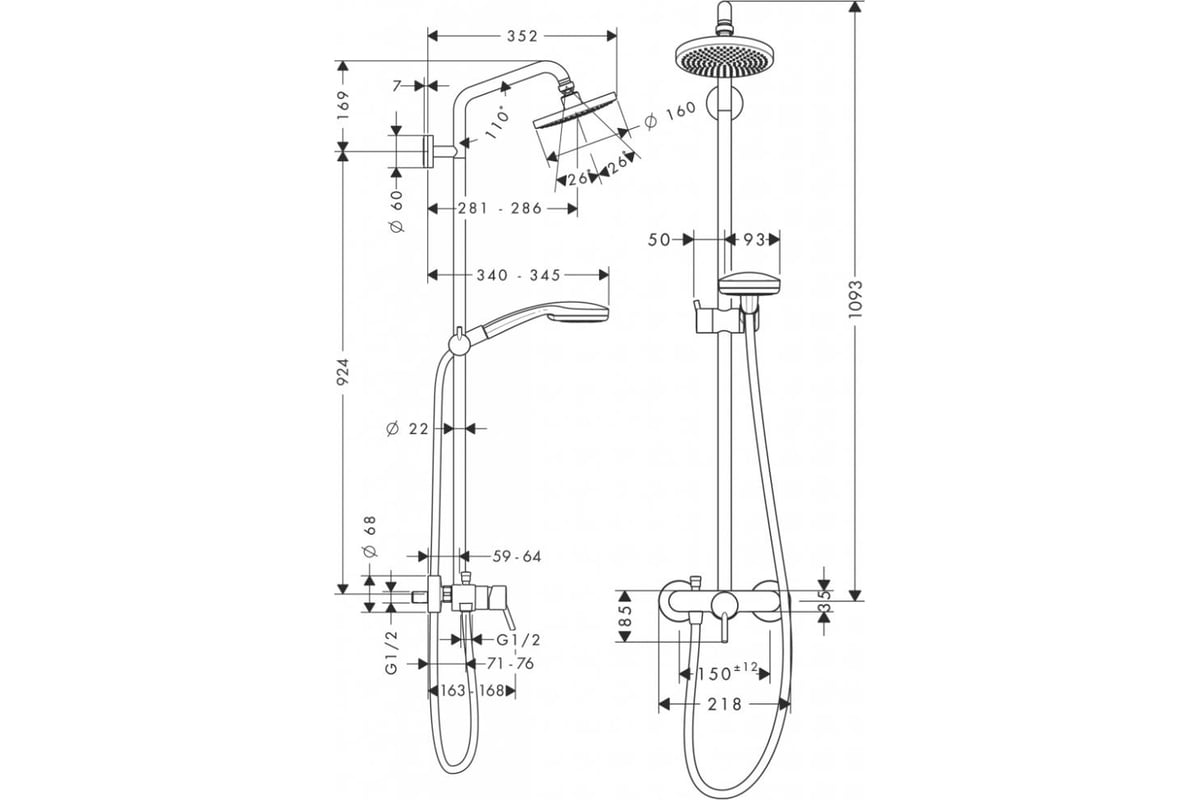 Душевая система HANSGROHE 27154000 Croma 100 Showerpipe 160 00000007665 ...