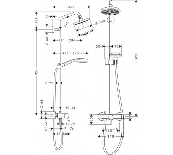 Душевая система HANSGROHE 27154000 Croma 100 Showerpipe 160 00000007665