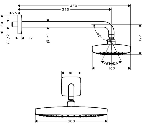 Верхний душ HANSGROHE 27385400 Raindance Select Е300 2jet с держателем 390мм 00000029678