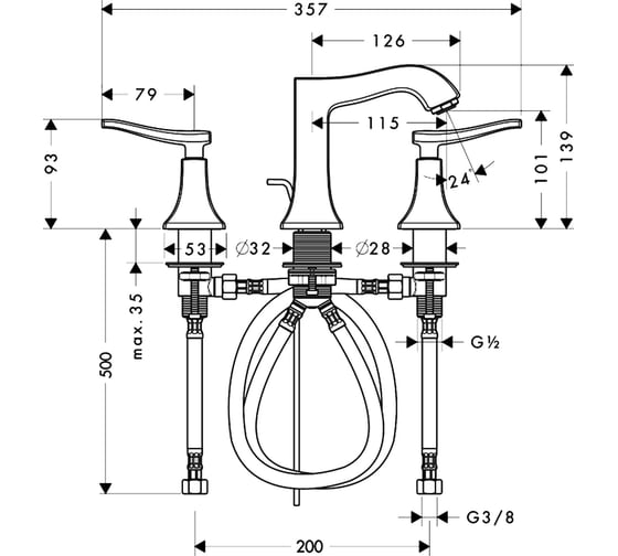 Смеситель для раковины HANSGROHE 31073000 Metris Classic на 3 отверстия 00000008146