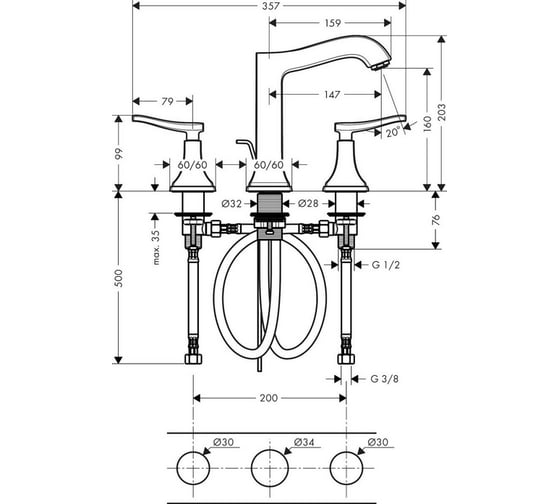 Смеситель для раковины на 3 отверстия HANSGROHE 31331000 Metropol Classic 00000050974