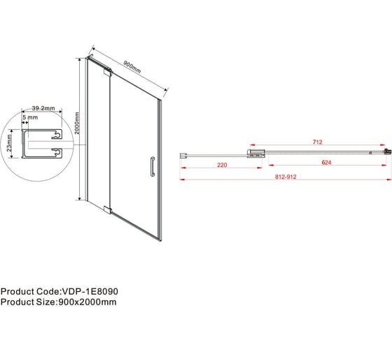 Душевая дверь VINCEA extra 800/900, черный, стекло прозрачное VDP-1E8090CLB