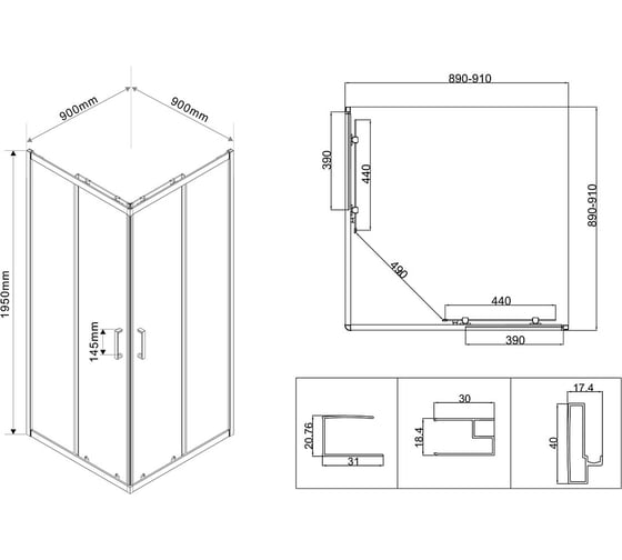 Душевой уголок VINCEA City 900x900, черный, стекло прозрачное VSS-5CT900CLB