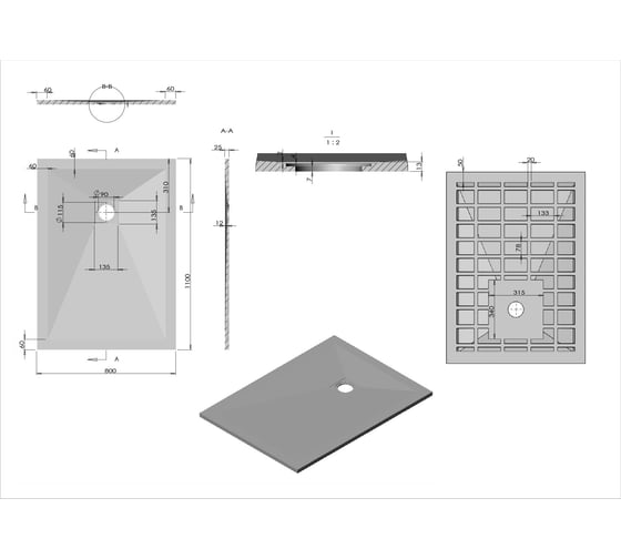 Поддон для душа из искусственного камня VINCEA 1100x800x25, серый VST-4SR8011G