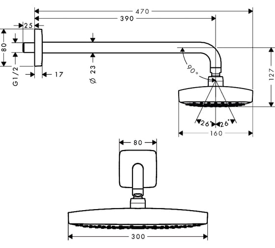 Верхний душ с держателем HANSGROHE 27385000 Raindance Select Е300 2jet 390мм 00000029677