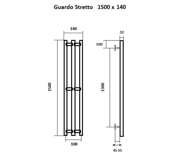 Водяной полотенцесушитель GUARDO STRETTO 1500x140 с 3 перекладинами белый матовый RAL 9016  STRETTO 1514 R9016(М)