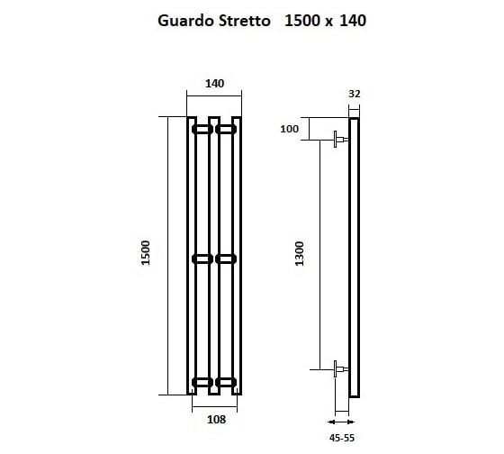 Водяной полотенцесушитель GUARDO STRETTO 1500x140 с 3 перекладинами черный матовый RAL 9005  STRETTO 1514 R9005(М)