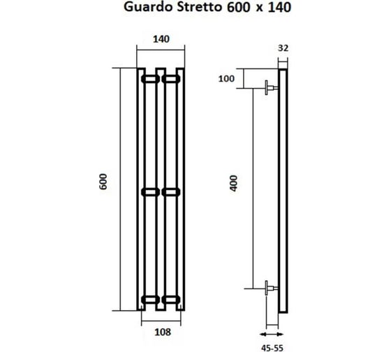 Водяной полотенцесушитель GUARDO STRETTO 600x140 с 3 перекладинами белый матовый RAL 9016  STRETTO 0614 R9016(М)