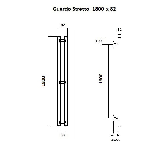 Водяной полотенцесушитель GUARDO STRETTO 1800x82 с 2 перекладинами черный матовый RAL 9005  STRETTO 1885 R9005(М)