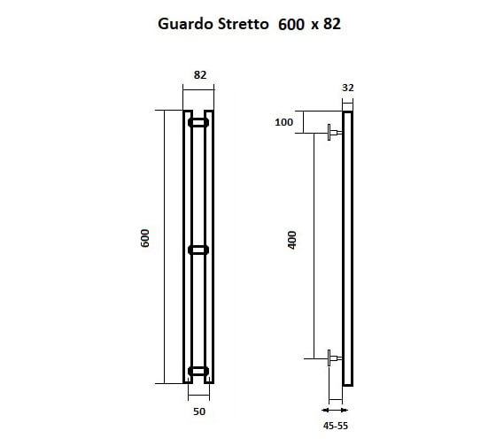 Водяной полотенцесушитель GUARDO STRETTO 600x82 с 2 перекладинами черный матовый RAL 9005  STRETTO 0685 R9005(М)