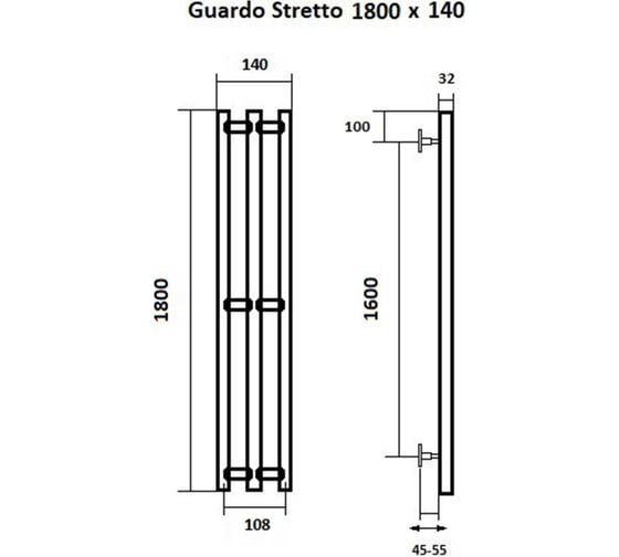 Водяной полотенцесушитель GUARDO STRETTO 1800x140 с 3 перекладинами черный матовый RAL 9005  STRETTO 1814 R9005(М)