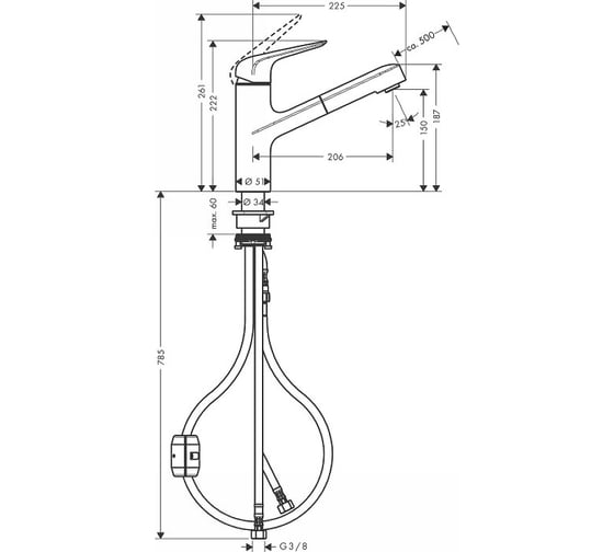 Кухонный смеситель HANSGROHE HG Focus M42 однорычажный, 150, с вытяжным изливом, 1jet 71814800
