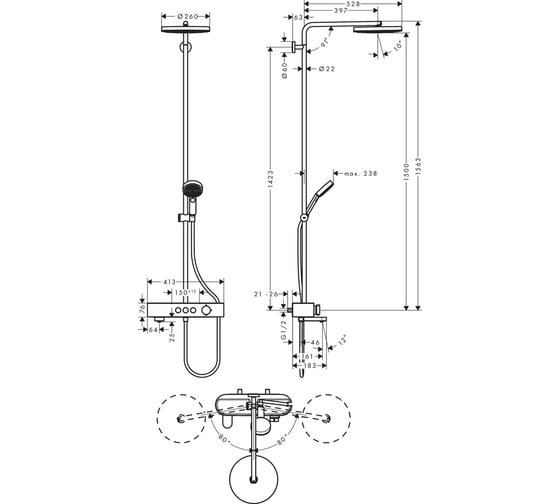 Душевая система с термостатом для ванны Hansgrohe Pulsify S Showerpipe 260 1jet ShowerTablet 400 24230000