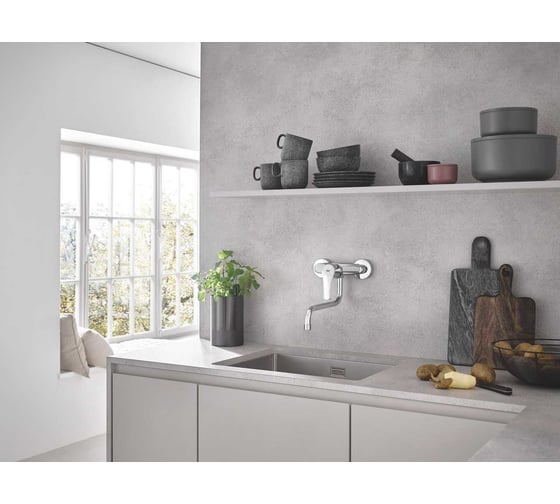 Смеситель для кухонной мойки Grohe Eurosmart настенный монтаж, вынос излива 276 мм, хром 32224003