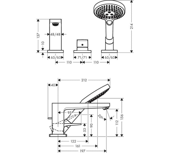 Смеситель на край ванны Hansgrohe Metropol на 3 отверстия (нужна СЧ 13437180) 32550000 00043824