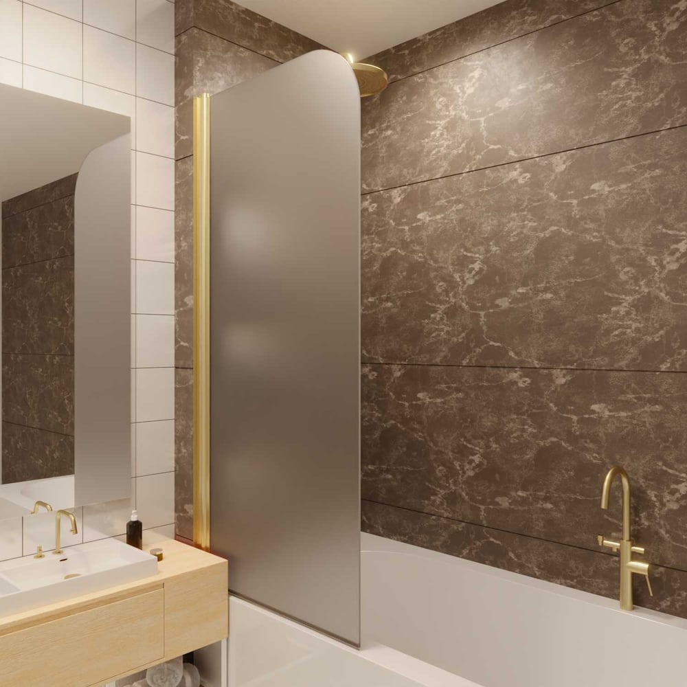 Стеклянная шторка на ванну FIXATOP 1400x400, поворотная, профиль золото ...