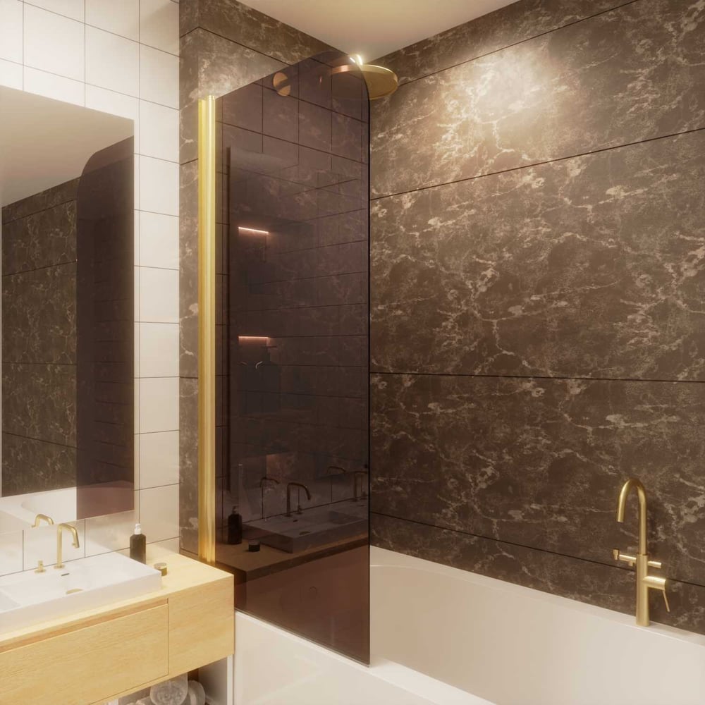 Стеклянная шторка на ванну FIXATOP 1400x400, поворотная, профиль золото ...