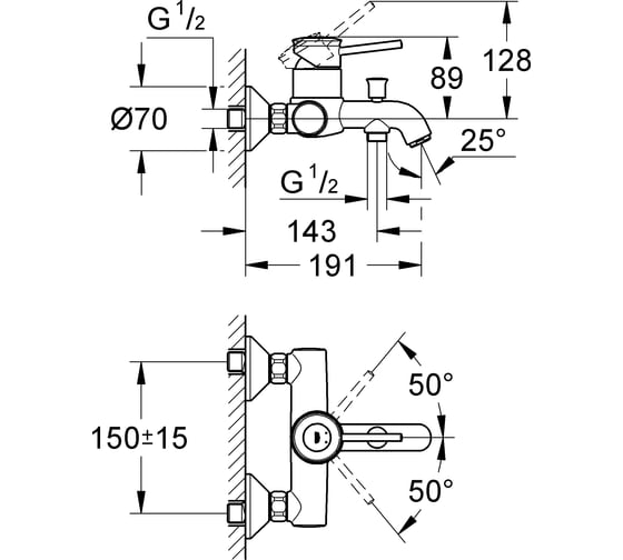 Смеситель для ванны GROHE Bau Classic 32865000