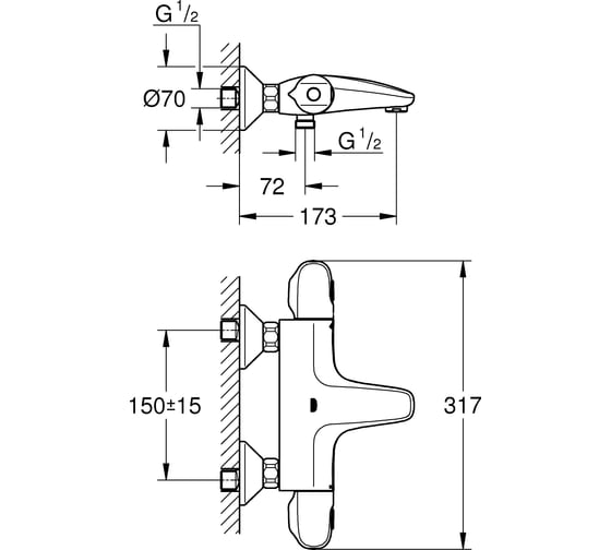 Термостат для ванны GROHE Grohtherm 1000 New 1/2", настенный монтаж 34155003