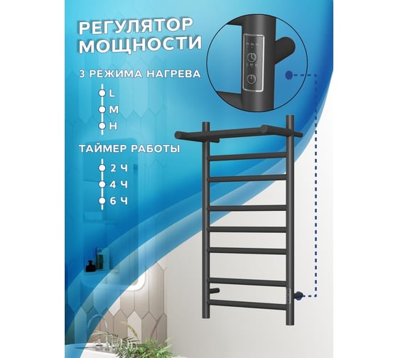 Электрический полотенцесушитель с полкой Bauedge BAU Stil Shelf 40x80, 7 планок, универсальный, черный матовый RAL 9005 DB-0022