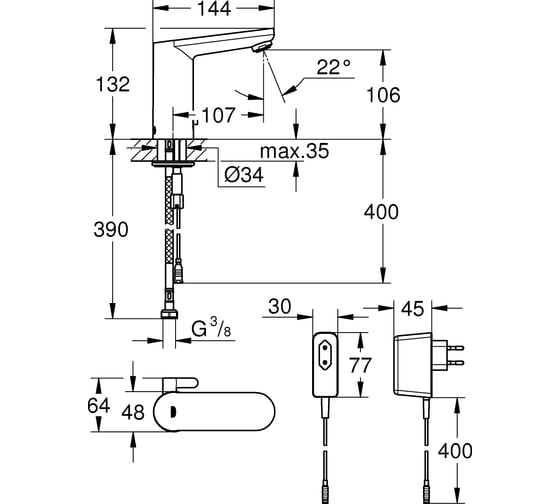 Смеситель GROHE Eurosmart Cosmopolitan E, инфракрасная электроника для раковины со смешиванием 36325001
