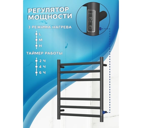 Электрический полотенцесушитель Bauedge BAU Stil 50x60, 6 планок, универсальный, черный матовый RAL 9005 DB-0046