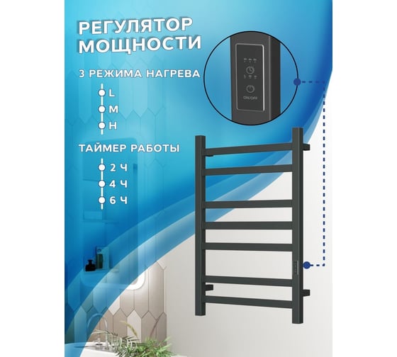 Электрический профильный полотенцесушитель Bauedge BAU Hotel 50x80, 7 планок, универсальный, черный матовый RAL 9005 DB-0015