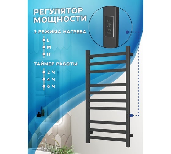 Электрический профильный полотенцесушитель Bauedge BAU Hotel 50x100, 10 планок, универсальный, черный матовый RAL 9005 DB-0012