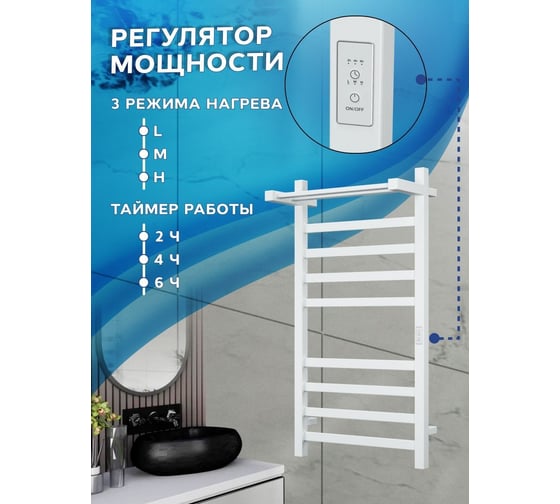 Электрический профильный полотенцесушитель с полкой Bauedge BAU Hotel Shelf 50x100, 8 планок, универсальный, белый полуматовый DB-0001