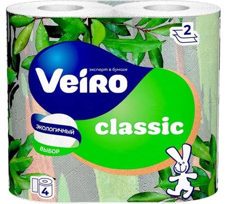 Бумага туалетная бытовая VEIRO Classic спайка 4 шт, 2-х слойная, белая 5с24 123208