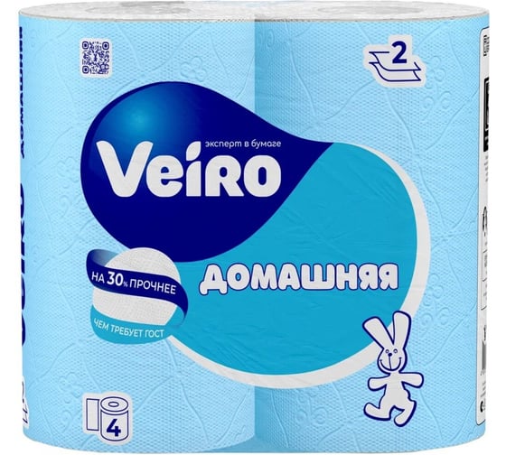 Бумага туалетная бытовая VEIRO спайка 4шт 2-х слойная Домашняя белая 128024 1С24 1
