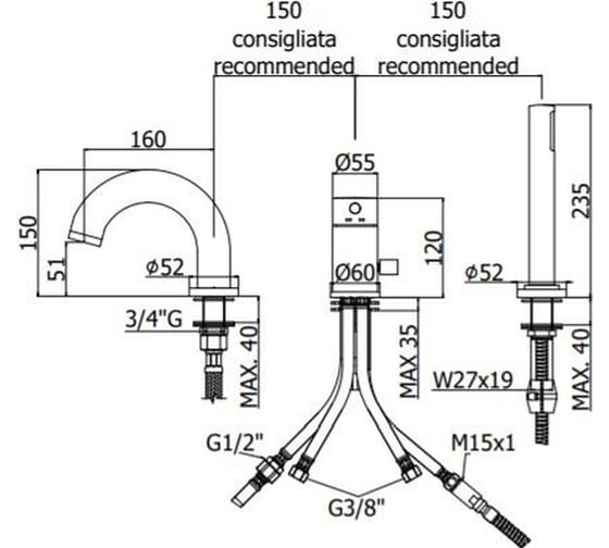 Смеситель на борт ванны на 3 отверстия Paffoni LIGHT, медовое золото, LIG047HG 00263891