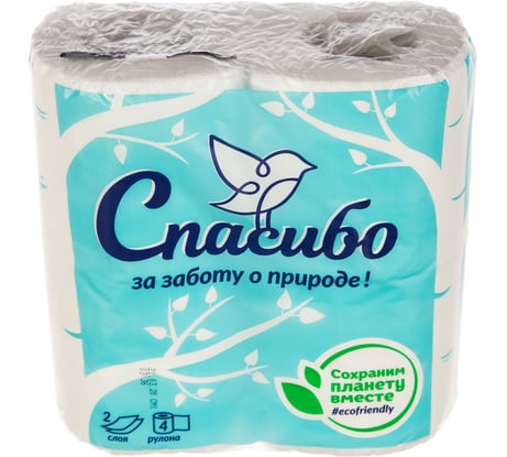 Бумага туалетная Plushe Спасибо за заботу о природе 2 слоя, 4 рулона, 12.5 м, белая МДК-16734