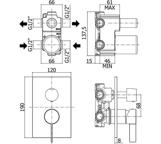 Смеситель встраиваемый для душа на 2 выхода, steel looking Paffoni ROCK RO018ST/M 00259541