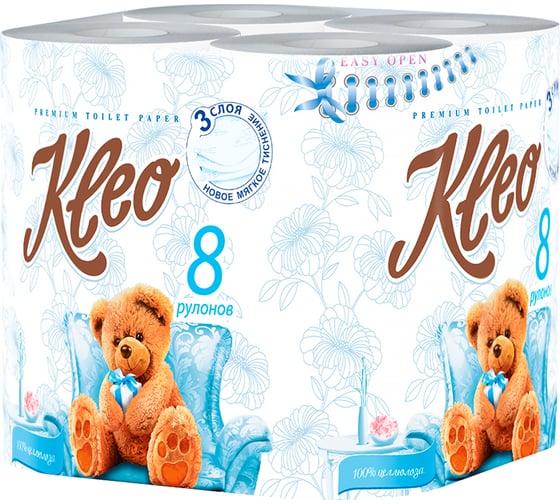 Туалетная бумага МЯГКИЙ ЗНАК Kleo Ultra 3-х слойная, 8 рулонов, белая С130
