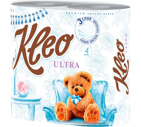 Туалетная бумага МЯГКИЙ ЗНАК Kleo Ultra 3-х слойная, 4 рулона, белая 29571