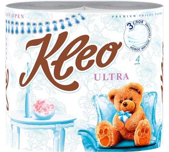 Туалетная бумага МЯГКИЙ ЗНАК Kleo Ultra 3-х слойная, 4 рулона, белая 29571