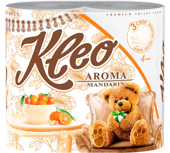 Туалетная бумага МЯГКИЙ ЗНАК Kleo Aroma мандарин 3-х слойная, 4 рулона, оранжевая 29570 1