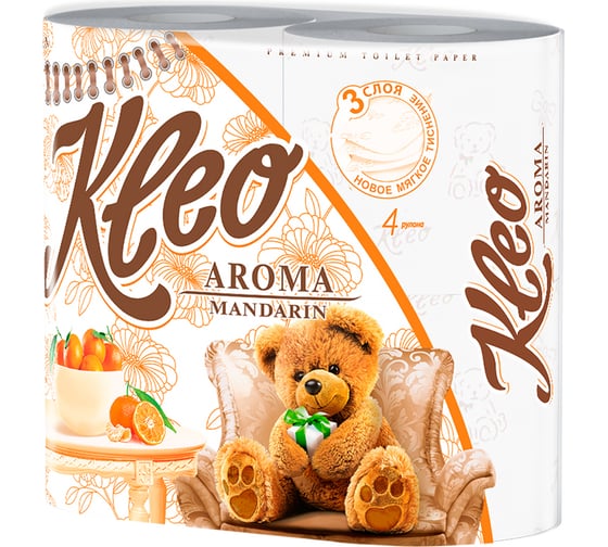 Туалетная бумага МЯГКИЙ ЗНАК Kleo Aroma мандарин 3-х слойная, 4 рулона, оранжевая 29570