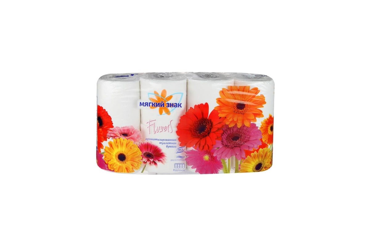 Туалетная бумага МЯГКИЙ ЗНАК Flowers 2-х слойная, 8 рулонов 28653 ...