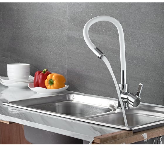 Смеситель для кухни LEDEME гибкий шланг, белый L4898-3 808286