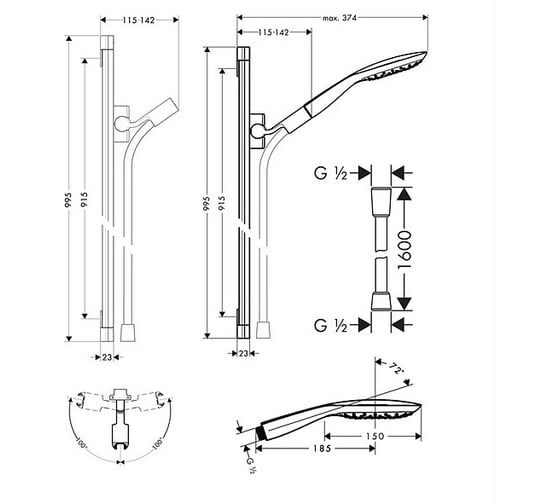 Душевой гарнитур HANSGROHE 27853000 HG PuraVida Unica 150 AIR 3iet 90 см 00000007896
